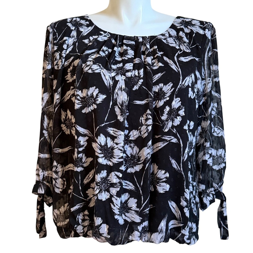 Roz & Ali Floral Chiffon Blouse Black White Metallic Pleated Neck Top XL